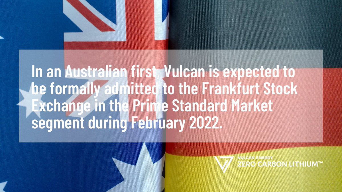 Vulcan is expected to be formally admitted to the Frankfurt Stock Exchange during February 2022. 
<a href="/boersefrankfurt/">Deutsche Börse</a>

$VUL
#zerocarbonlithium 

bit.ly/3nGcu1E