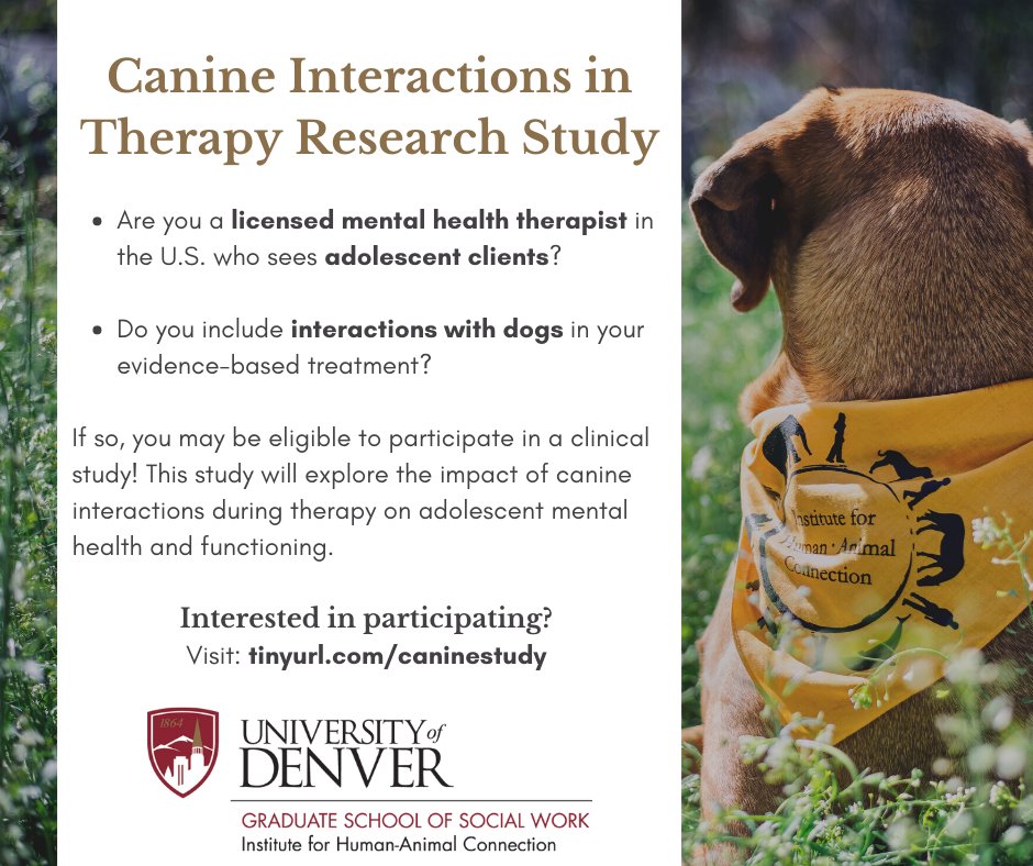 Looking for mental health therapists who incorporate dogs in treatment with adolescents to participate in new research study! Complete this brief survey tinyurl.com/caninestudy