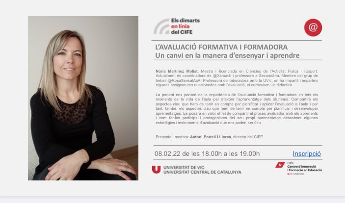 📌 Aquest febrer no et perdis el nou “Dimarts en línia” del <a href="/uvic_cife/">CIFE - Centre d'Innovació i Formació en Educació</a>. La <a href="/Nuriamartinez80/">Núria Martínez</a> ens parlarà de la importància de l’avaluació formativa i formadora en tots els moments de la vida de l’aula per afavorir l’aprenentatge dels alumnes. 

ℹ️ forms.office.com/pages/response…
