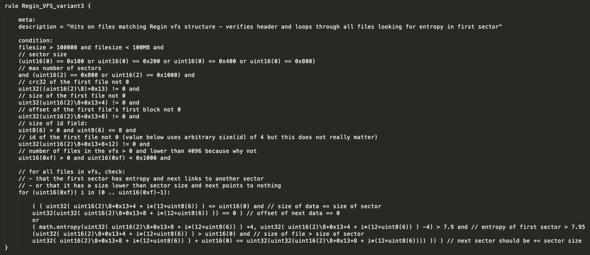 Int2e_'s tweet image. Time to chip in for #100DaysofYARA, this rule is a (fun)  example that looks for a structure (#Regin VFS) instead of data. 
Structures (often config) are useful to validate your understanding of malware functionality and for more resilient rules. But be careful with boundaries :)