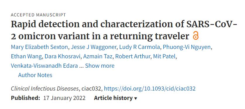 A new report in CID describes the rapid detection of the #Omicron variant in a returning traveler to Georgia using a combination of targeted spike SNP PCR and viral genome sequencing. 

📄:bit.ly/3Kkddip 

#IDSAJournals #ClinInfectDis @AnnePiantadosi