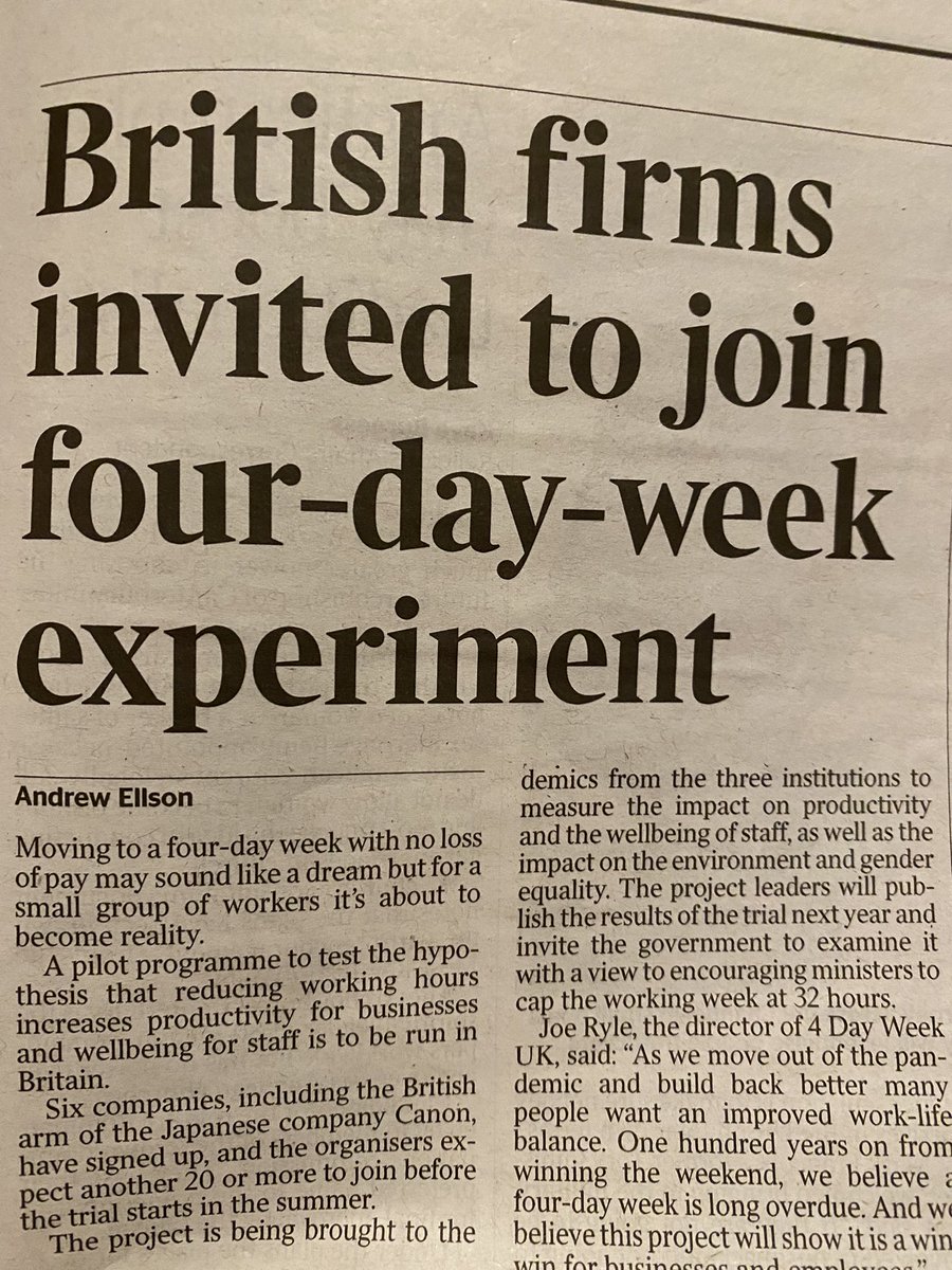 HelenCreese's tweet photo. Hoorah to all companies taking part in the 4 Day Week project!! When #Microsoft trialled this, productively increased by 40%. Let’s hope this becomes the norm 🤞 #4DayWeek https://t.co/6u4jOARHI2