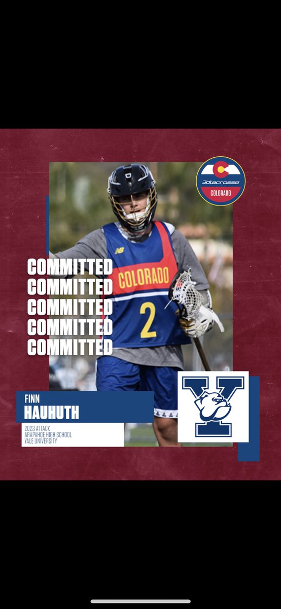Congratulations to 2023 attackman Finn Hauhuth (Arapahoe HS) on his commitment to the admissions process at Yale University! #3don2 #3dfamily #3ddifference #3dcolorado
