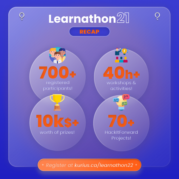 kuriusmtl's tweet photo. Let’s take a look back at Learnathon21! We had:

➤ 👥 700+ registered participants!
➤ ⚙️ 40h+ of coding workshops &amp; activities!
➤ 🏆 10,000$+ worth of prizes!
➤ 💻 70+ HackItForward projects submitted!

⏩ Register to Learnathon22 NOW!: https://t.co/ydzYJEcKrj https://t.co/pGmWoRICsA