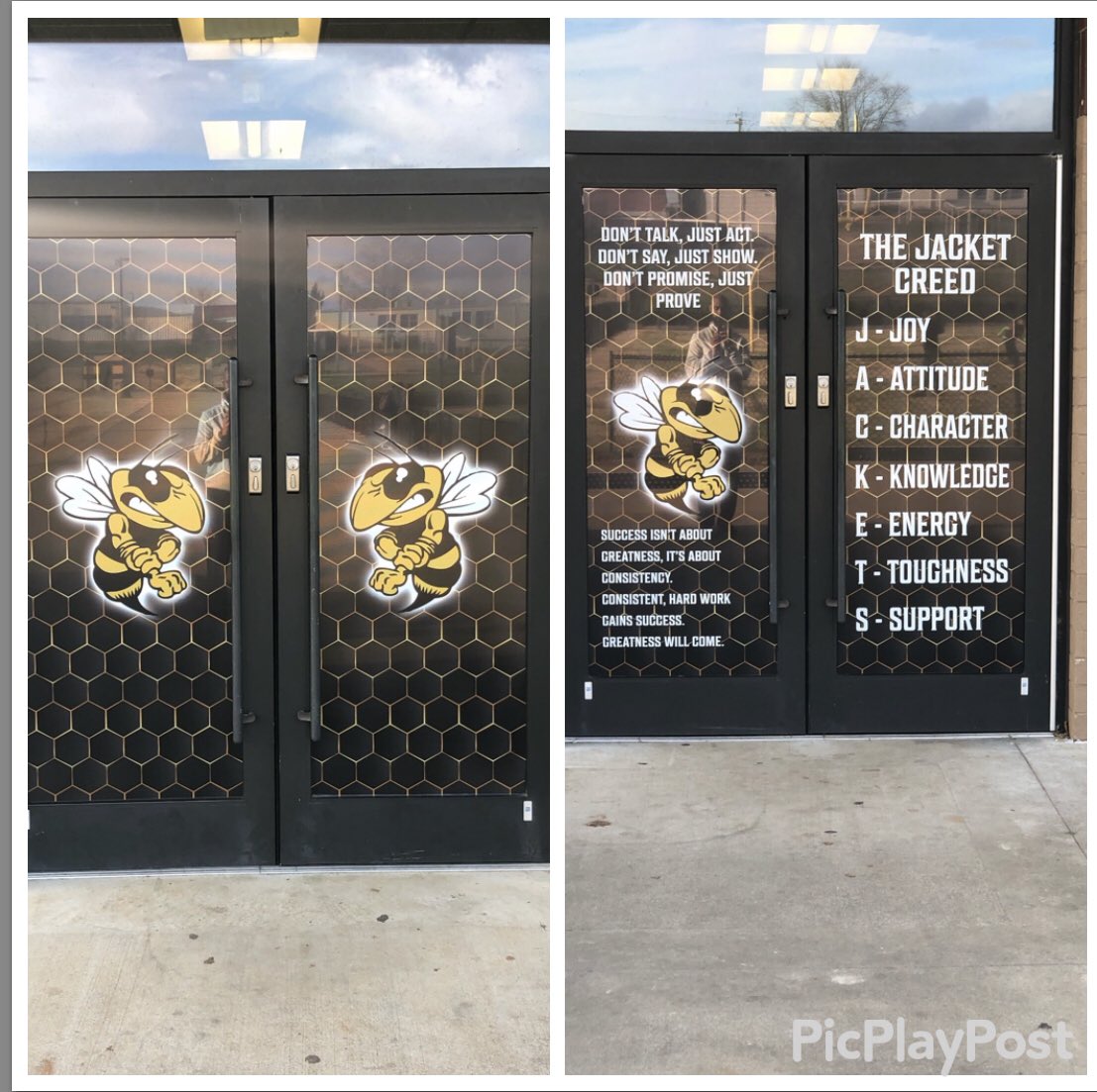 KairosHolmes's tweet photo. If you’re not using Game Changing Images, you need to consider. They are done some very good work. Love the window screens they put up today for our Fieldhouse. #JacketNation https://t.co/iOeEneYuSy