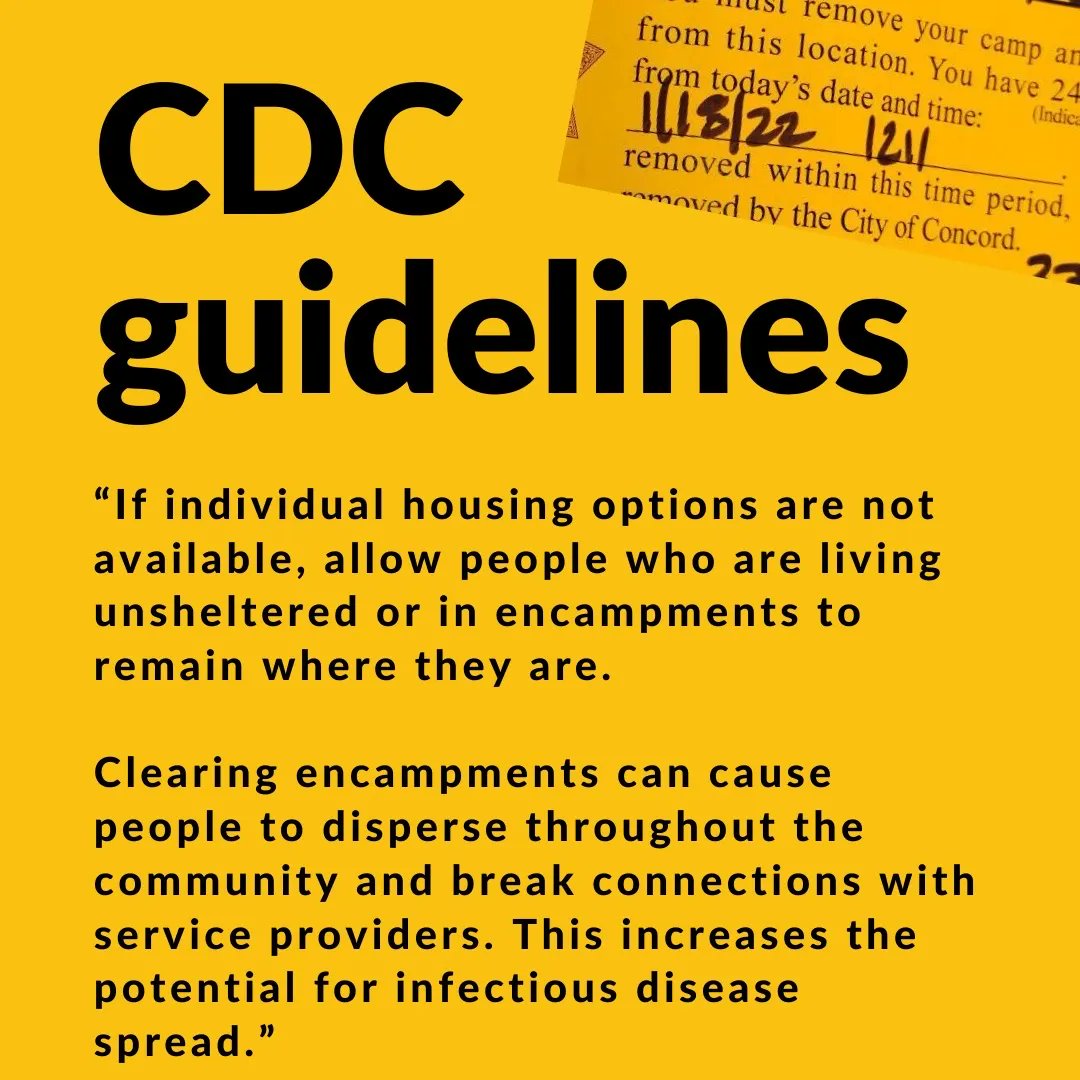 BayArea4Bernie's tweet photo. Concord PD has chosen to honor #MLK week by demanding the #unhoused pack up & move. Instead, Concord PD #sweeps & is going against CDC guidelines.
Per CDC, clearing encampments can increase the potential for infectious disease spread. π Tell councilmembers to #StopTheSweep. https://t.co/KenAApcRA3