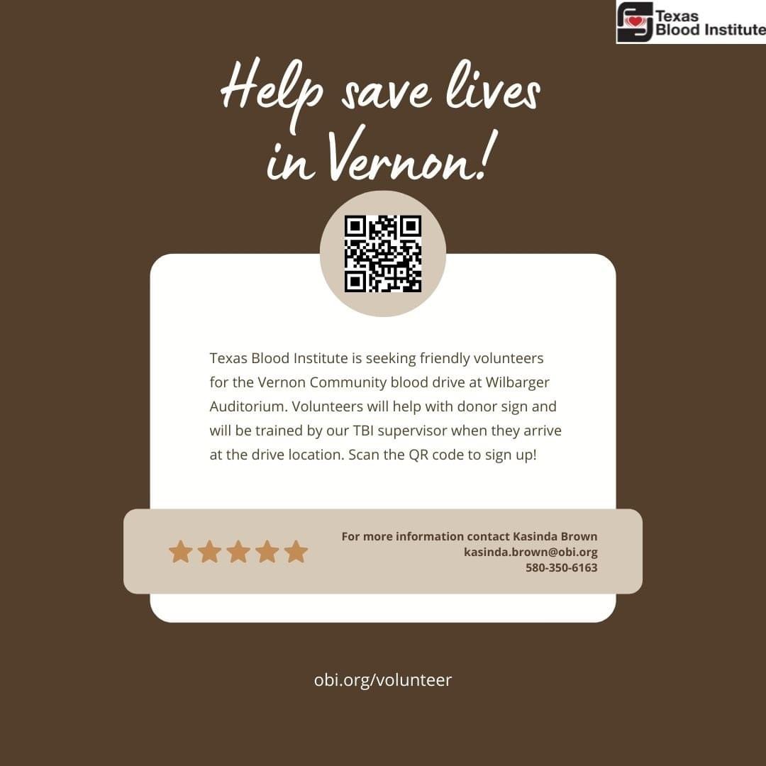 Volunteers needed for the Wilbarger Auditorium blood drive in Vernon!! 

Vernon College students - This is the perfect opportunity to fulfill your volunteer school hours or just give back to your community!!

Apply today!! obi.org/volunteer