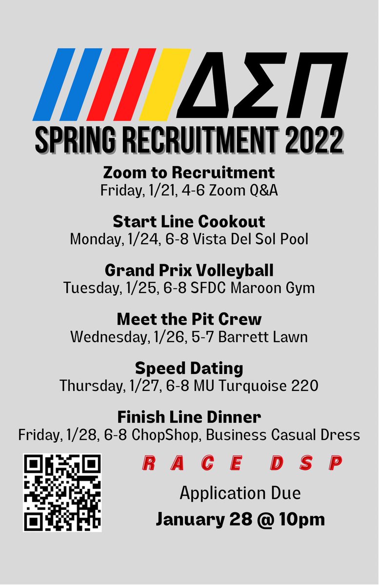 One your marks… get set… RECRUITMENT! 🏎💨🏁

Checkout our list of events and meet some brothers as you race into DSP #asudsp
