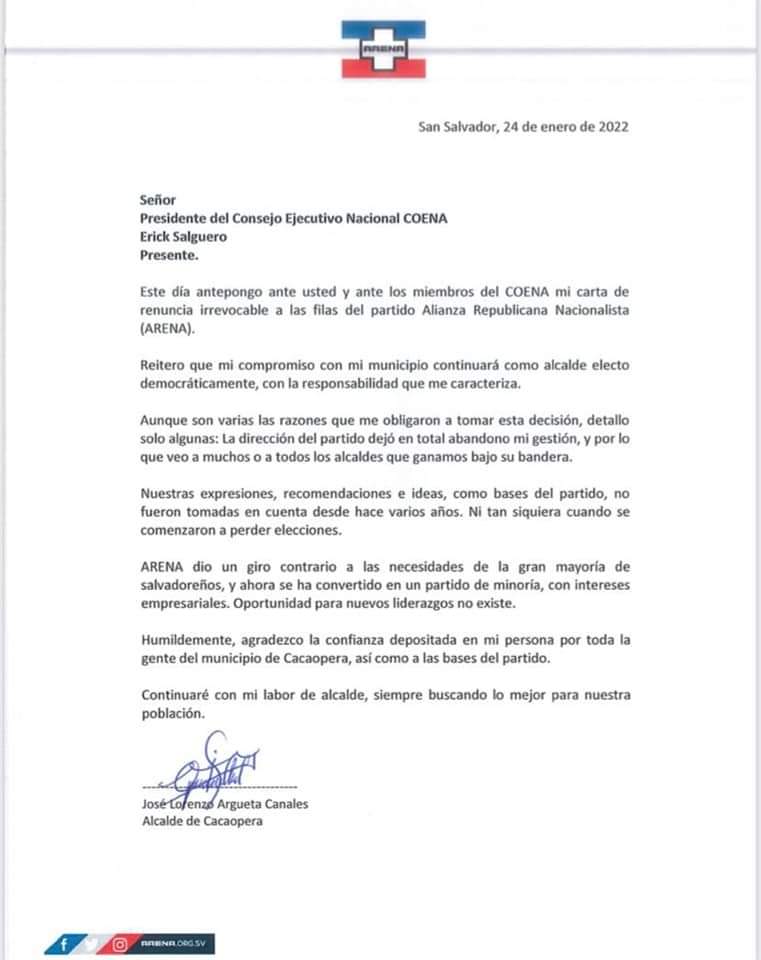 503today's tweet photo. 4 alcaldes del partido ARENA en el departamento de Morazán, presentaron su renuncia irrevocable a este instituto político.

Los ediles son de los municipios: Cacaopera, San Simón, Delicias de Concepción y Sociedad. Las cartas de renuncias serían presentadas el próximo 24 de enero https://t.co/kHqF2OBxgo