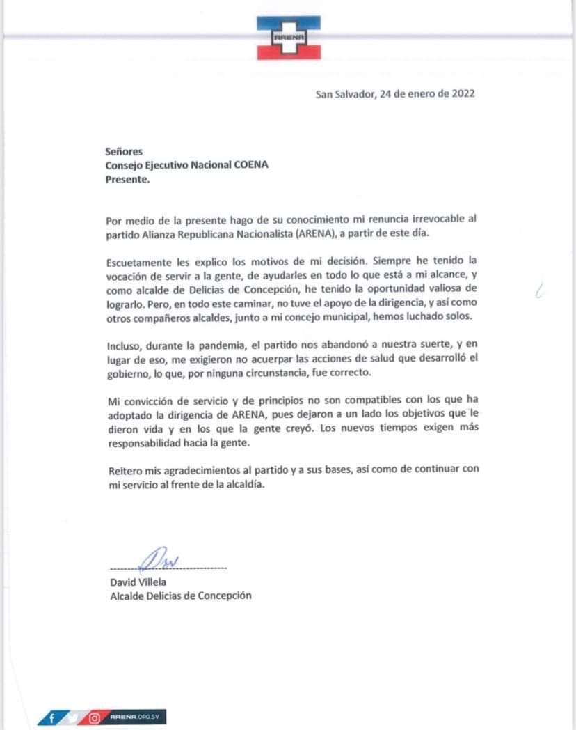 503today's tweet photo. 4 alcaldes del partido ARENA en el departamento de Morazán, presentaron su renuncia irrevocable a este instituto político.

Los ediles son de los municipios: Cacaopera, San Simón, Delicias de Concepción y Sociedad. Las cartas de renuncias serían presentadas el próximo 24 de enero https://t.co/kHqF2OBxgo