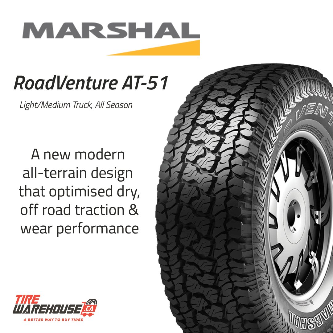 TireWarehouseCa's tweet photo. #Marshal #RoadVentureAT51 - A new modern all-terrain design that optimized dry, off-road traction & great wear in performance.
#LightTruck #Tires #ShopOnline #DeliverToAddress #DeliverToInstaller #TWCA #Winter #Tires #Featured https://t.co/a0g2Aay4Q8