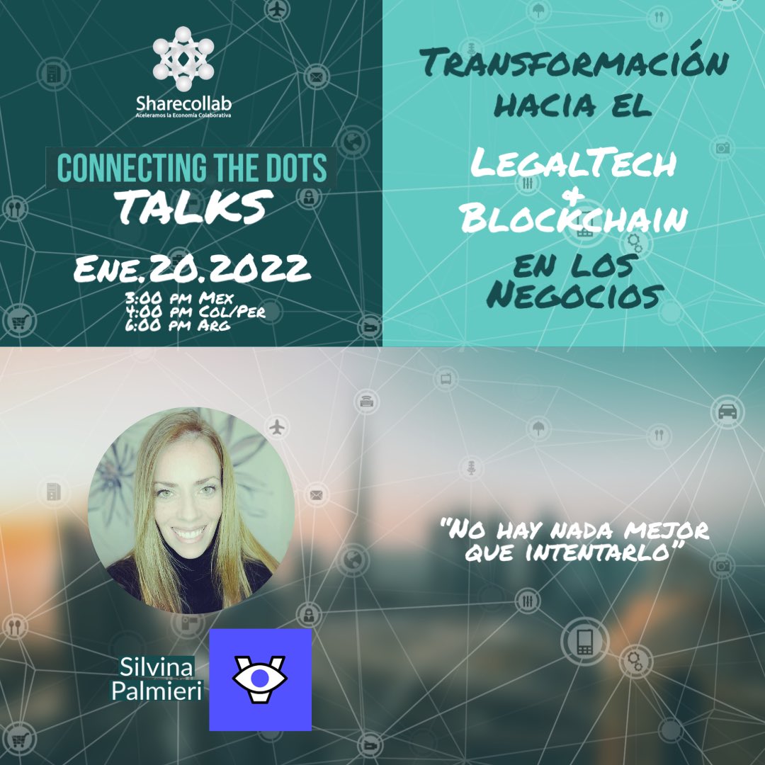 sharecollabco's tweet image. No hay nada mejor que intentarlo
@SilvinaPalmieri 

Regístrate al proximo Connecting The Dots - Talks - Transformación hacia el LegalTech &amp;amp; Blockchain  con los participación de los ilustres expertos en LegalTech, Blockchain y en Nuevas Economías : bit.ly/3HXhIxm