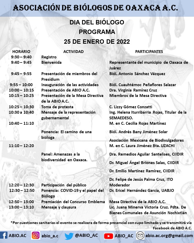 Compartimos el programa de actividades a realizar en conmemoración del día del Biólogo. 
25 de enero de 2022.
Estén pendientes :)