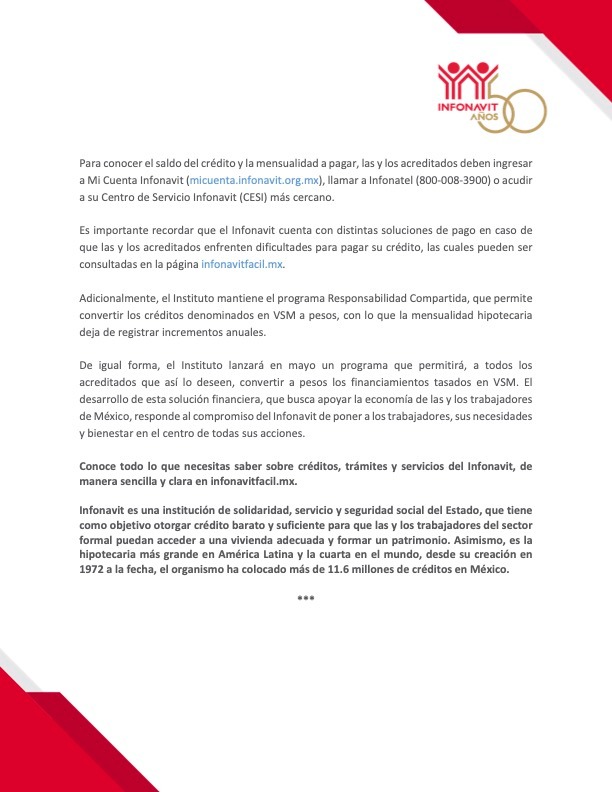 Infonavit's tweet photo. Creamos un nuevo mecanismo de actualización para que los créditos denominados en VSM no aumenten 22% como el salario mínimo o 7.3% como la UMA. En beneficio de las y los acreditados, este 2022 el ajuste sobre los financiamientos en VSM será de 4.99%. https://t.co/aXZ2XACCSH