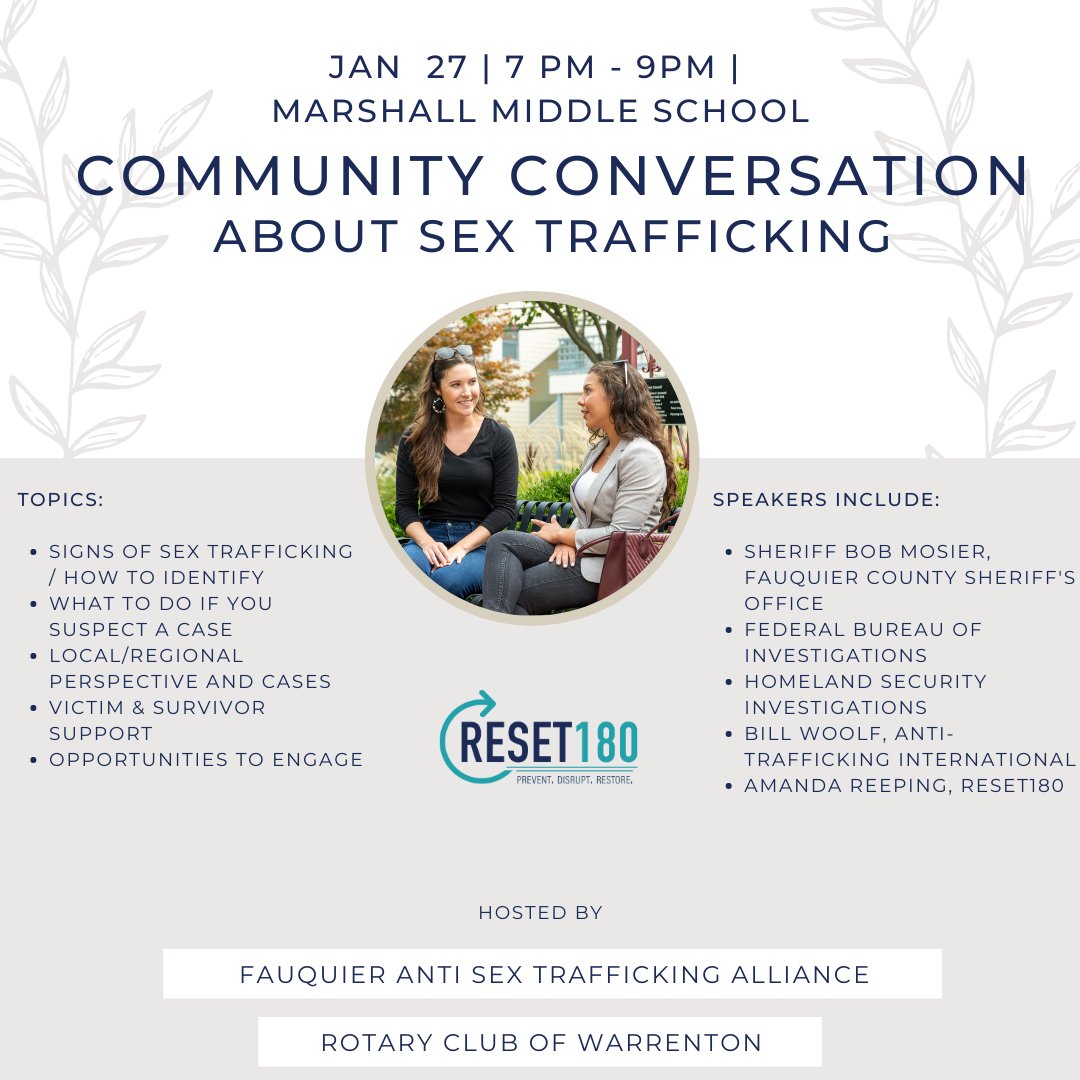 Reset18O's tweet photo. Mark your calendars! 🗓️ Join us for a community conversation about sex trafficking 1/27, 7-9pm, at Marshall Middle School. #CommunityConversation #PreventDisruptRestore #ItIsInOurBackyard #EndHumanTrafficking #NationalSlaveryAndHumanTraffickingPreventionMonth #FASTFA https://t.co/kDjvwmzMOR