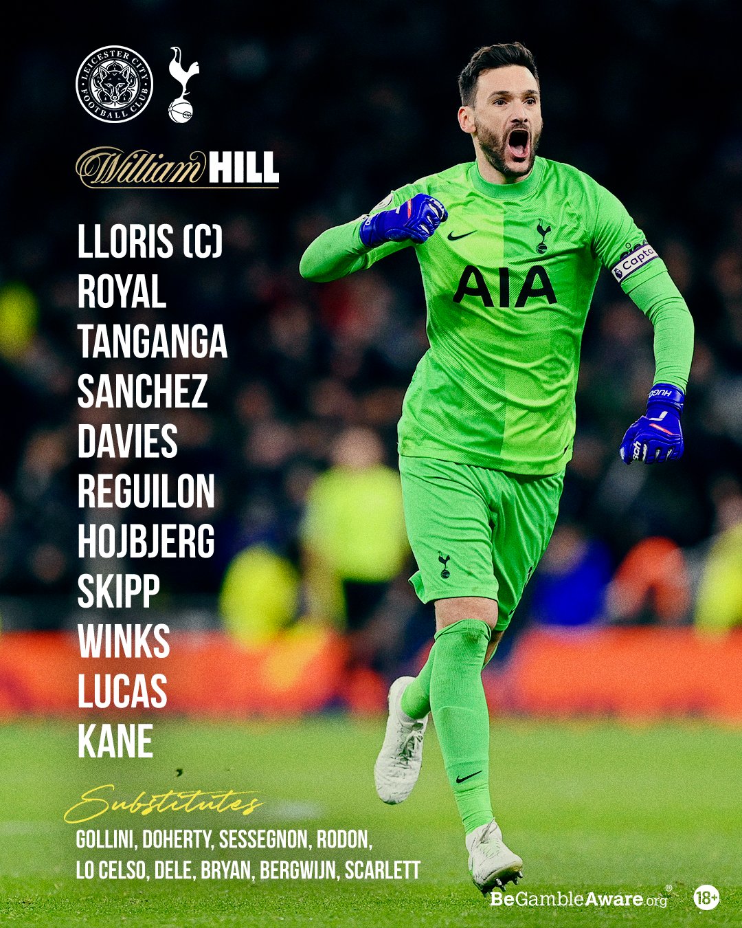 Starting XI: Lloris (C), Royal, Tanganga, Sanchez, Davies, Reguilon, Hojbjerg, Skipp, Winks, Lucas, Kane   Subs: Gollini, Doherty, Sessegnon, Rodon, Lo Celso, Dele, Bryan, Bergwijn, Scarlett