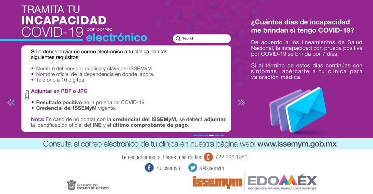 Issemym's tweet photo. 🟣 Tramita tu incapacidad @Issemym COVID 19 por correo electrónico 📧 

Adjunta en PDF o JPG:
✅ Resultado COVID 19 positivo 
🟣Credencial ISSEMyM 

Consulta el correo de tu clínica aquí:
https://t.co/qm9zULHFJY https://t.co/1xL76FQjbJ