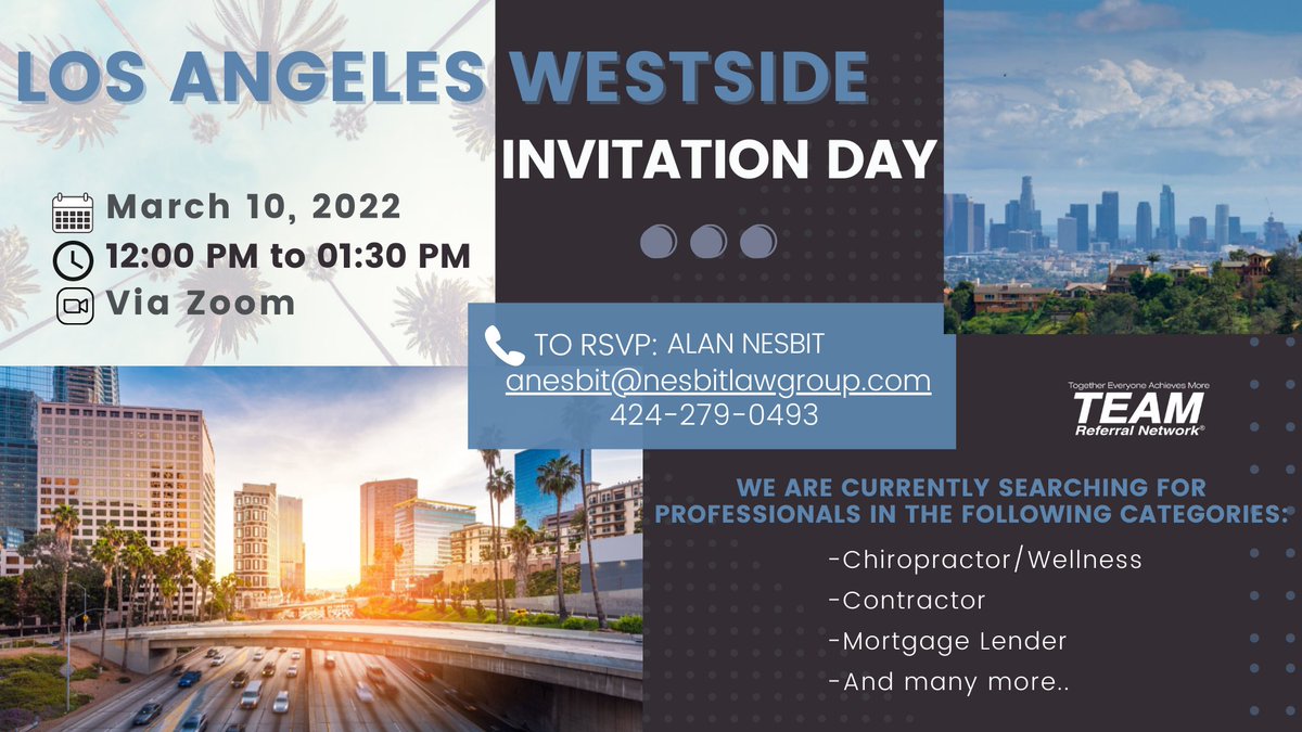 TEAMReferral's tweet photo. Join us for some virtual networking! Broaden your connections by increasing your exposure! RSVP to Alan Nesbit for your Zoom invitation or for any questions--> anesbit@nesbitlawgroup.com or 424-279-0493
 #losangeles #referrals #chiropractor #wellness #contractor #mortgagelender https://t.co/DjlWSSKlBO