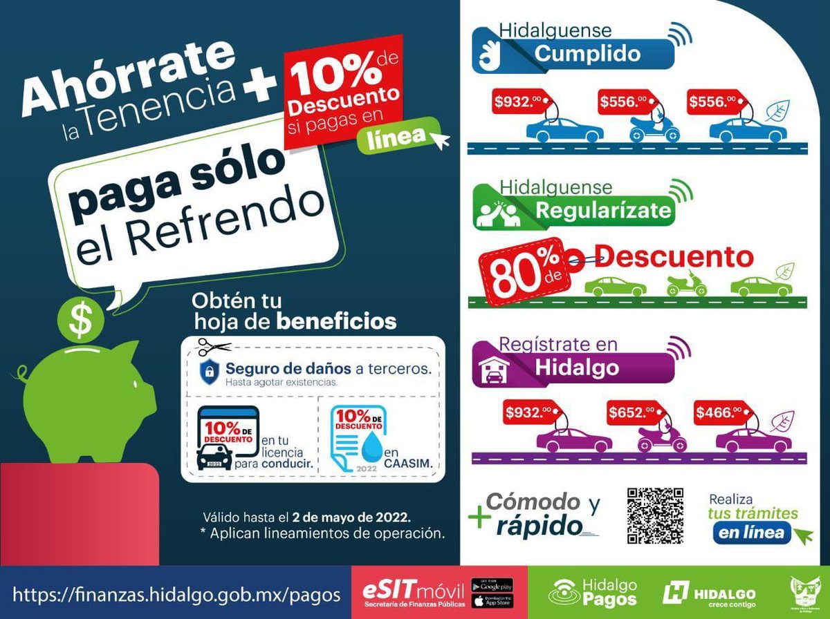 gobiernohidalgo's tweet photo. #Atención 🔖 Ahórrate la tenencia más el 10% si pagas en línea 👩🏻‍💻 👨🏻‍💻 

Paga el Refrendo antes del 2 de Mayo y obtén estos beneficios.

Ingresa al link ➡️ https://t.co/Z2bEZBolBP https://t.co/UESNSgz7Bg