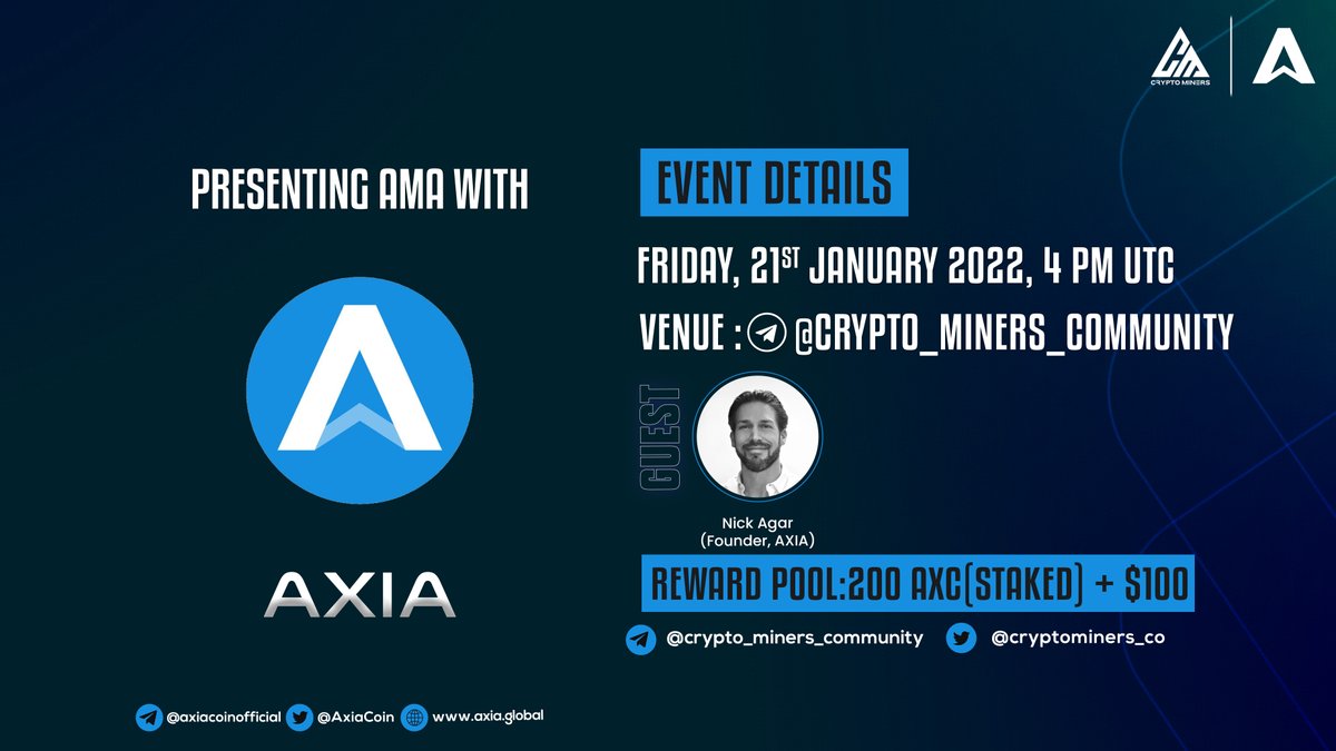 AXIA_Network's tweet photo. AXIA is excited to announce that project founder Nick Agar will be participating in an AMA session with the @cryptominers_co community this Friday on Telegram and Twitter! 

Full details below ⬇️ https://t.co/QI97Td5Sk5