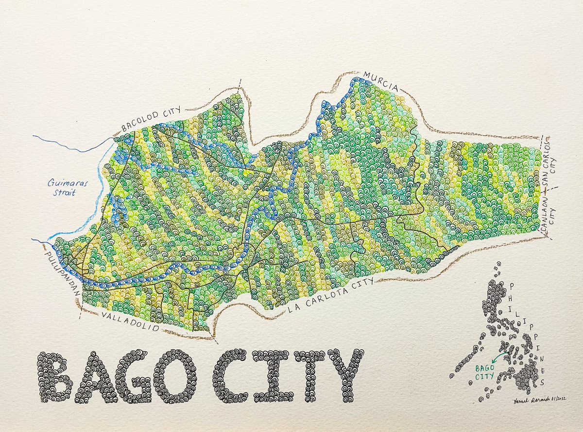 hannahdormido's tweet photo. Happy to share this hand-drawn map of Bago City (in Western Visayas, Philippines) as my #slowmapchallenge entry. If you're not familiar with this challenge, @DanielPWWood started the idea at #NACIS2021. The idea is to do a map project at your own pace. Here is mine. ๐ฅณ
#gischat https://t.co/SYfTlOvRUh
