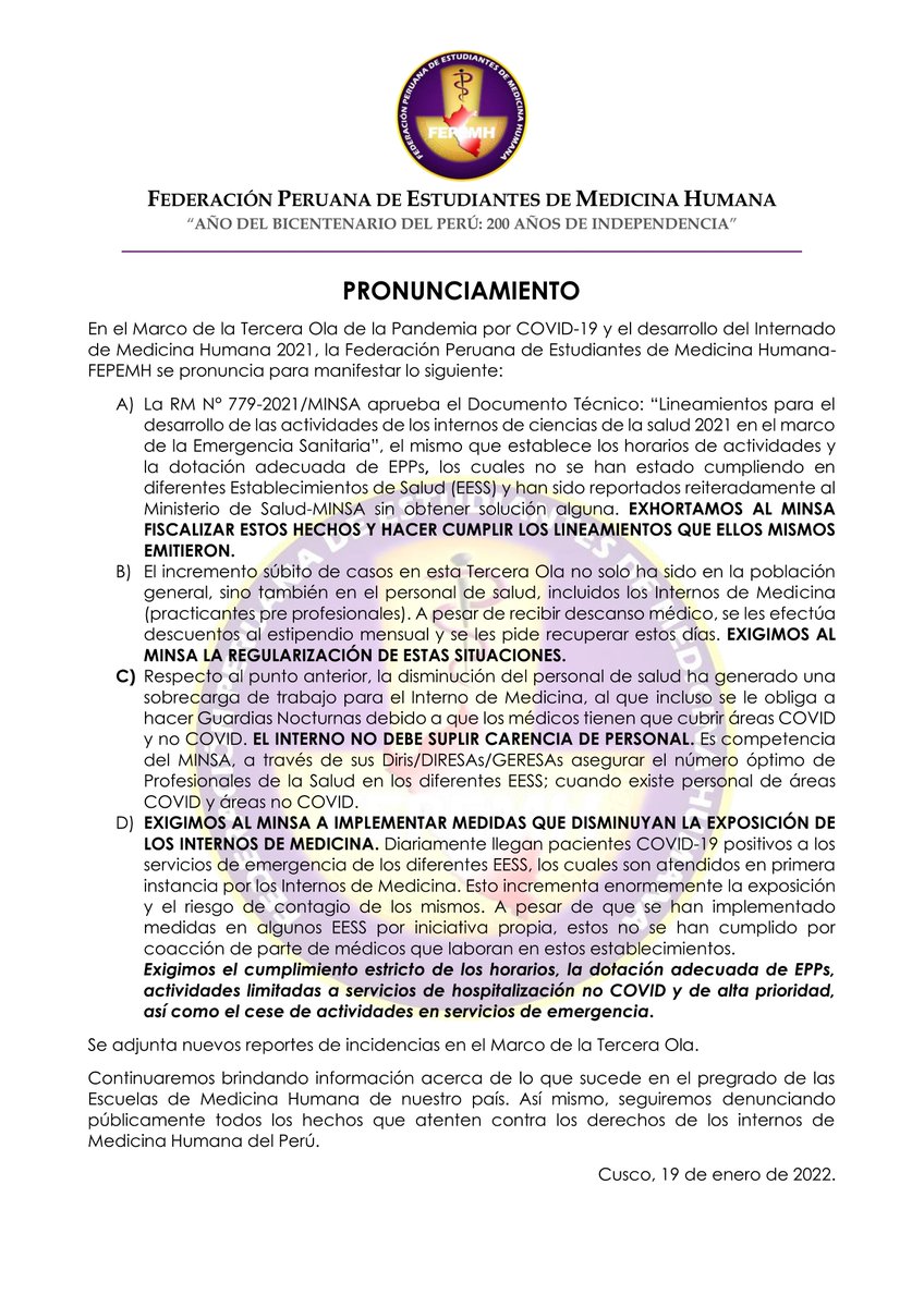 FEPEMH_'s tweet photo. 🟣PRONUNCIAMIENTO
@Minsa_Peru la Tercera Ola está afectando a todos, cuídanos a nosotros y nuestras familias. No desvíes la mirada, no nos dejes solos.
#JuntosSomosFEPEMH
#InternadoDigno
#COVID19 

@ASPEFAM 
@CMP_PERU 
@conapres https://t.co/KHL7kkITCW