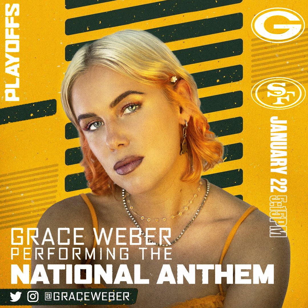 I am so excited to announce that I’ll be singing the National Anthem for the <a href="/packers/">Green Bay Packers</a> <a href="/49ers/">San Francisco 49ers</a> playoff game this Saturday!!! ahh!! Literal dream come true getting to sing at #lambeaufield - I’m so excited!!! See you Saturday Green Bay 💚💛🏈😎 #gopackgo @nfl
