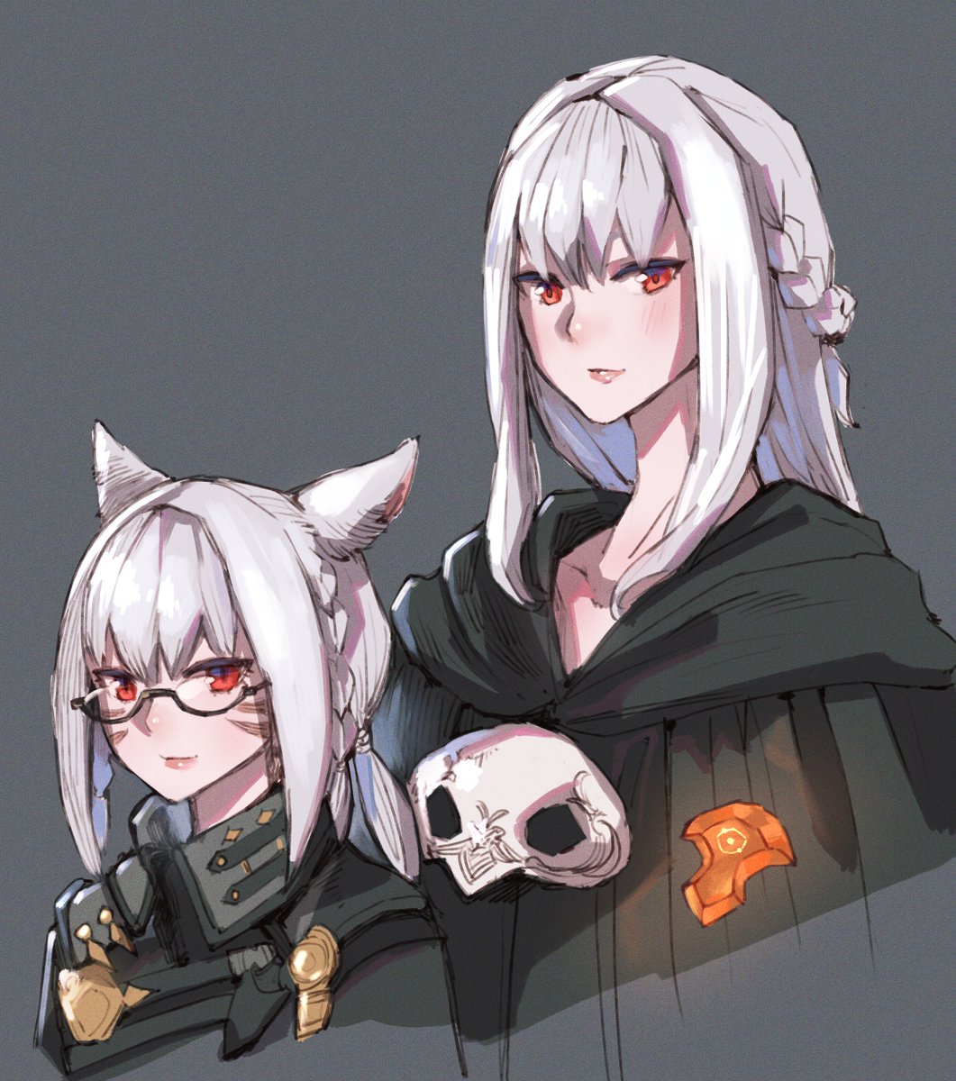 avatar (ff14) miqo'te animal ears red eyes glasses mask around neck cat ears grey background  illustration images