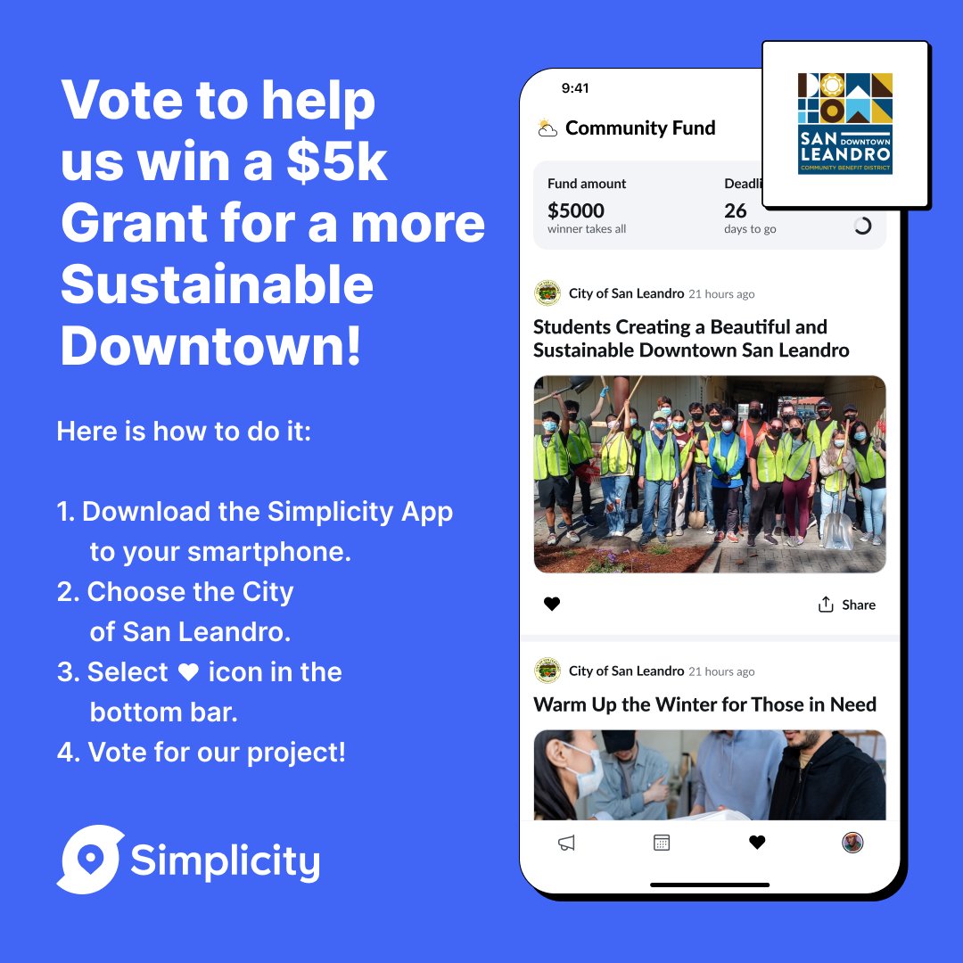 We're partnering with SLHS Eco Club students to create a sustainable downtown, one step at a time! So help fund their project and vote today!

simplicity.app.link/san-leandro-no… 

#sanleandro #dwntnsanleandro #slhs #sanleandro2050