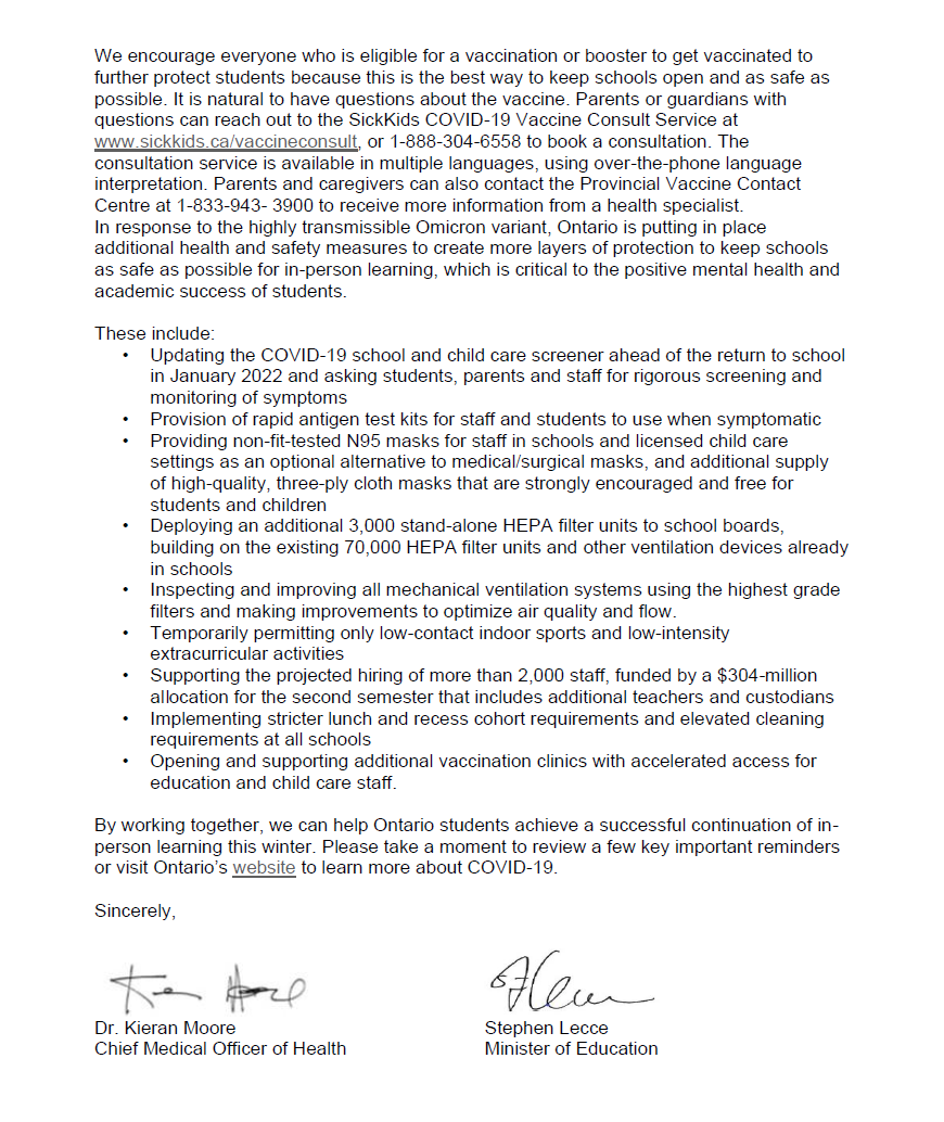 HPEschools's tweet photo. Stephen Lecce, Minister of Education, and Dr. Keiran Moore, Ontario’s Chief Medical Officer of Health, issued a letter yesterday to families of Ontario students about the return to in-person learning and actions being taken to combat the spread of the COVID-19 Omicron variant. https://t.co/RPCQkkuvax