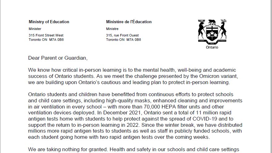 HPEschools's tweet photo. Stephen Lecce, Minister of Education, and Dr. Keiran Moore, Ontario’s Chief Medical Officer of Health, issued a letter yesterday to families of Ontario students about the return to in-person learning and actions being taken to combat the spread of the COVID-19 Omicron variant. https://t.co/RPCQkkuvax