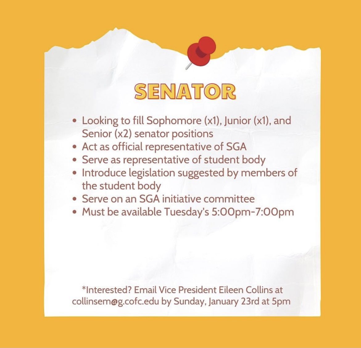 Want to join SGA? We have open positions for our Senator seats and we are looking for a new communications director. Please email our Vice President by Sunday at 5pm to interview!