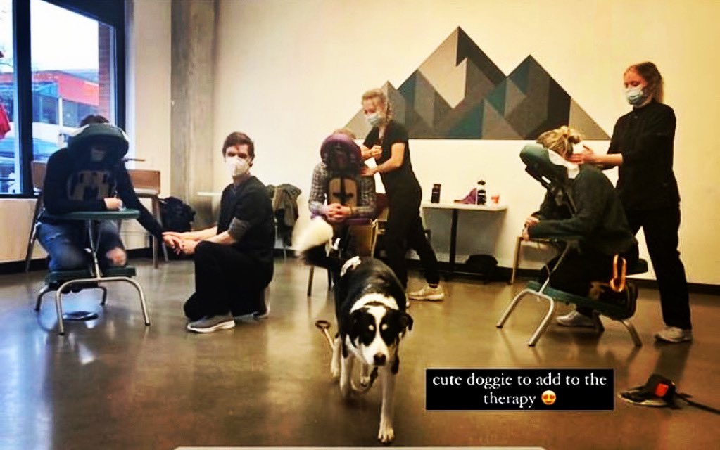 Nothing like some chair massage (and cute pups🐶) to get through the work day! #officemassage #wellness
