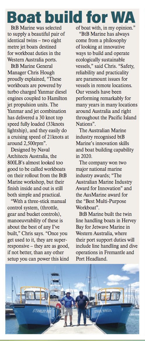 btb_marine's tweet photo. Big shout out to the #HerveyBayAdvertiser newspaper for sharing our news about the identical twin jet workboats we built for #JetwaveMarine in WA!
#jetboat #workboat #powerequipment #hamiltonjet https://t.co/d6KJwRPV4T