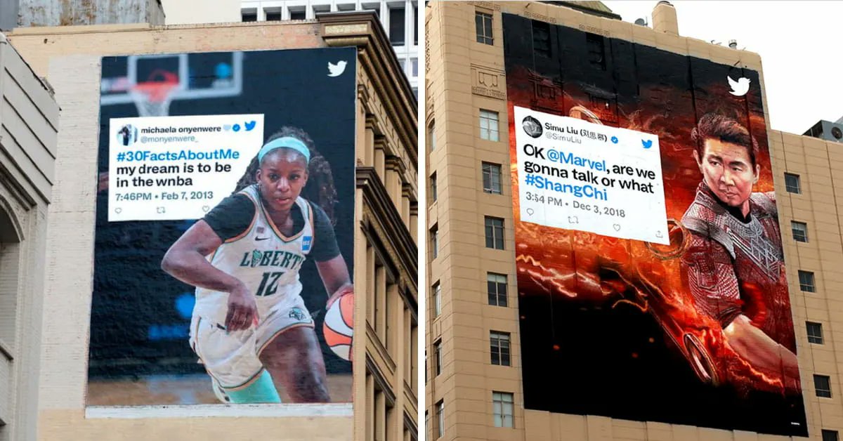 ChanPerco's tweet photo. #Twitter transforme les tweets de célébrités en panneaux d'affichage géants.
 Leur point commun ? Ils ont tous exprimé leur rêve devenu réalité sur ledit réseau social via @unpotedanslacom https://t.co/Fp1OlxXKUD https://t.co/wpfTRSb1RA