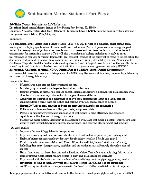 Jennifer Sneed (@drjmsneed) on Twitter photo π’π’ Job Announcement π’π’
<a href="/SmithsonianSMS/">SmithsonianMarineStn</a> is hiring a contract Microbiology Technician (Bachelor's level) to support several ongoing coral microbiology projects. App due 1/31! See post for details. DM with questions π’π’ Job Announcement π’π’
<a href="/SmithsonianSMS/">SmithsonianMarineStn</a> is hiring a contract Microbiology Technician (Bachelor's level) to support several ongoing coral microbiology projects. App due 1/31! See post for details. DM with questions