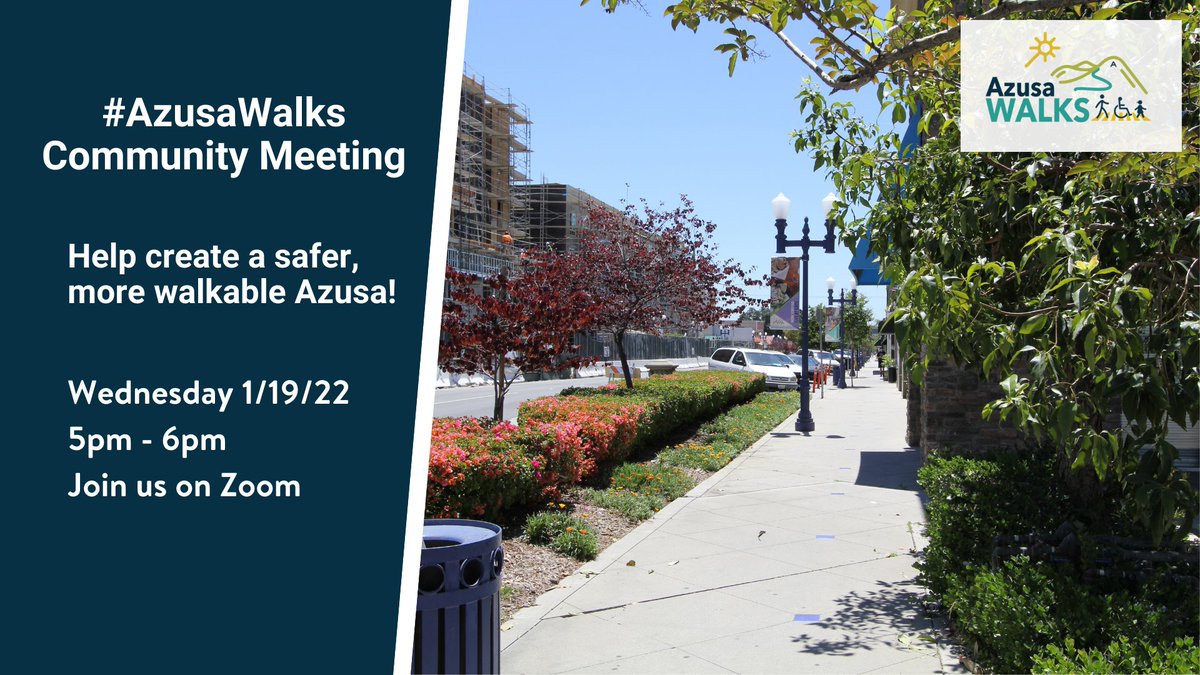 ActiveSGV's tweet photo. Join us for the final #AzusaWalks Community Meeting tonight, Wednesday, January 19th (5pm)!
Check out the Cityβs first, draft Pedestrian Plan and share your thoughts. Details, RSVP: https://t.co/7f0ULdazn6
#WalkSGV #Azusa #SanGabrielValley
@cityofazusa @StreetsblogLA https://t.co/WLzemh5t8O