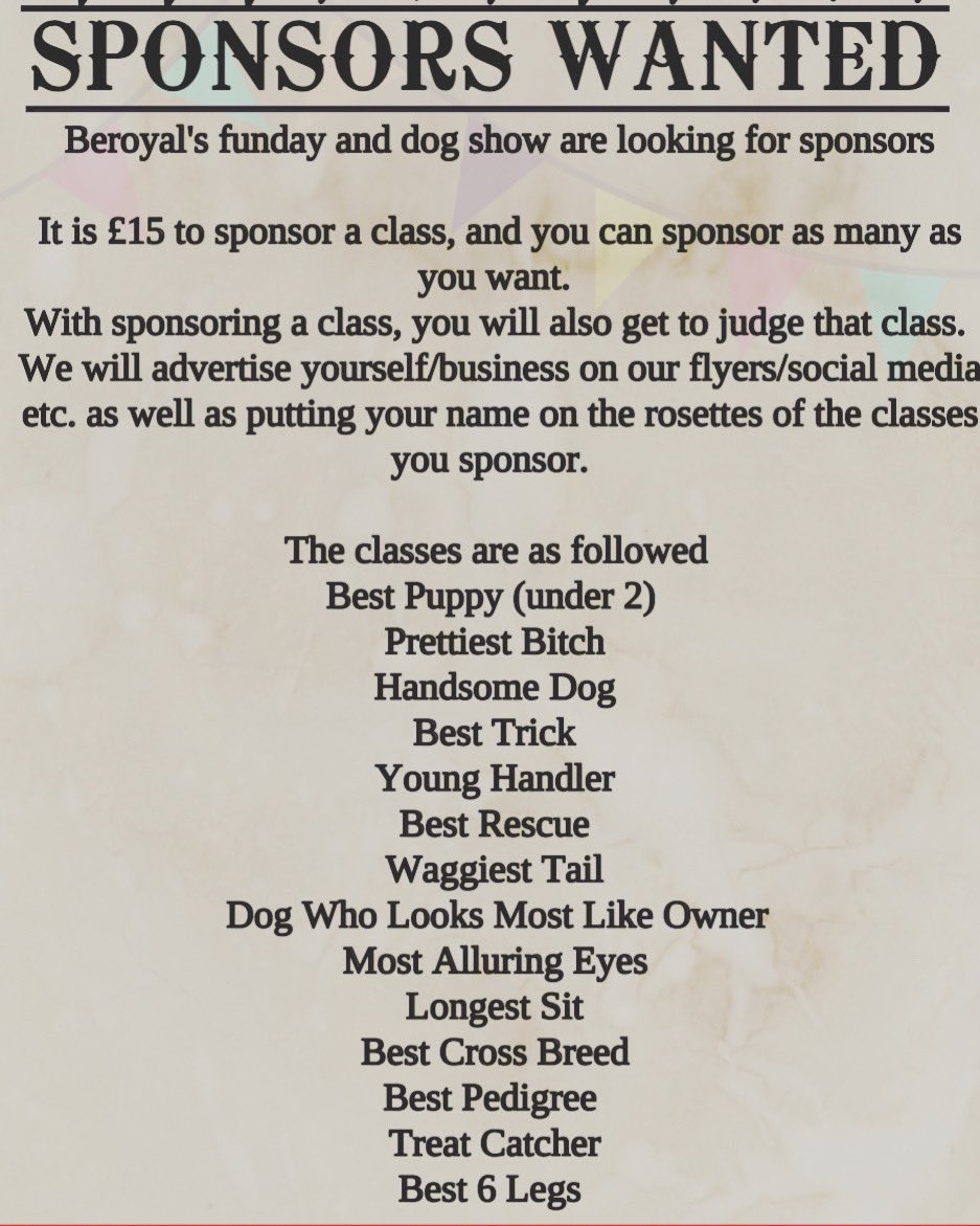 beroyals (@beroyals1) on Twitter photo We are looking for sponsors.
It is £15 to sponsor a class.
With sponsoring a class, you will get to judge that class.
We will advertise yourself/business and put your name on the rosettes of the classes you sponsor.
<a href="/where_dogs/">Where to take your dogs in chester</a> <a href="/ShitChester/">12 years of Shitchester</a> <a href="/wearechester/">We Are Chester</a> <a href="/welcome_dogs/">Dogs Welcome Chester 💙</a> We are looking for sponsors.
It is £15 to sponsor a class.
With sponsoring a class, you will get to judge that class.
We will advertise yourself/business and put your name on the rosettes of the classes you sponsor.
<a href="/where_dogs/">Where to take your dogs in chester</a> <a href="/ShitChester/">12 years of Shitchester</a> <a href="/wearechester/">We Are Chester</a> <a href="/welcome_dogs/">Dogs Welcome Chester 💙</a>