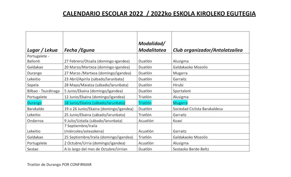 Eskola Kiroleko egutegia duzue honakoa:

Calendario de Deporte Escolar.

#eskolakirola #bizkaia #triatloia #duatloia #akuatloia