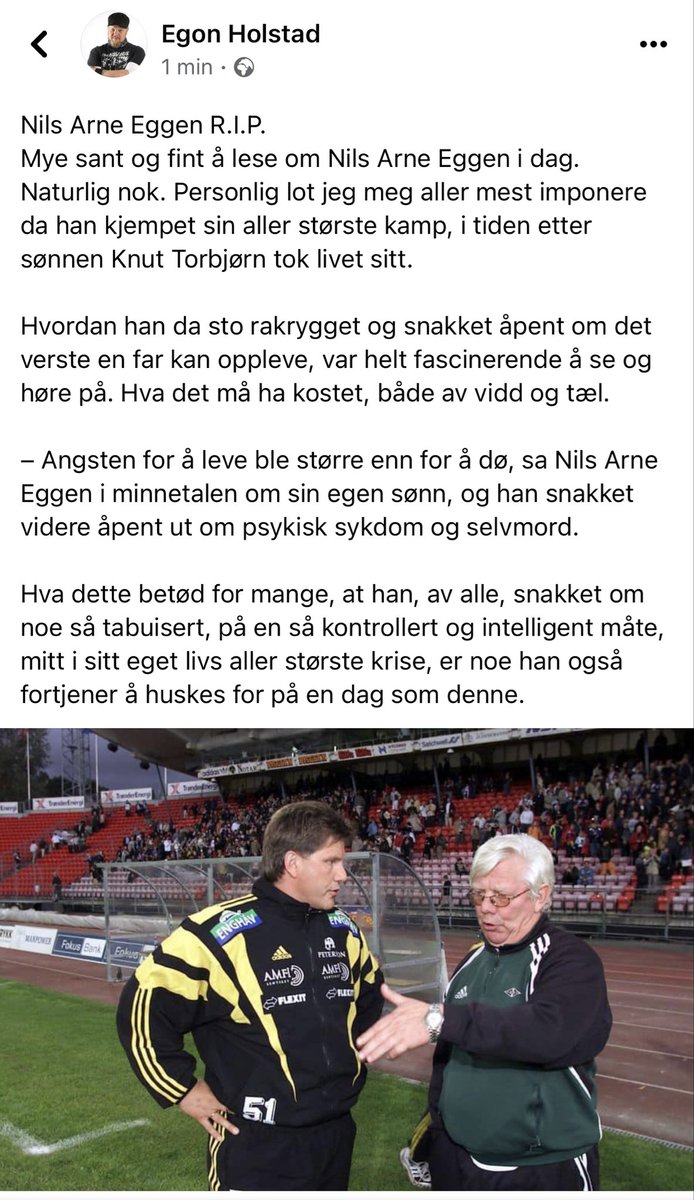Facebook-tekst om Nils Arne Eggen