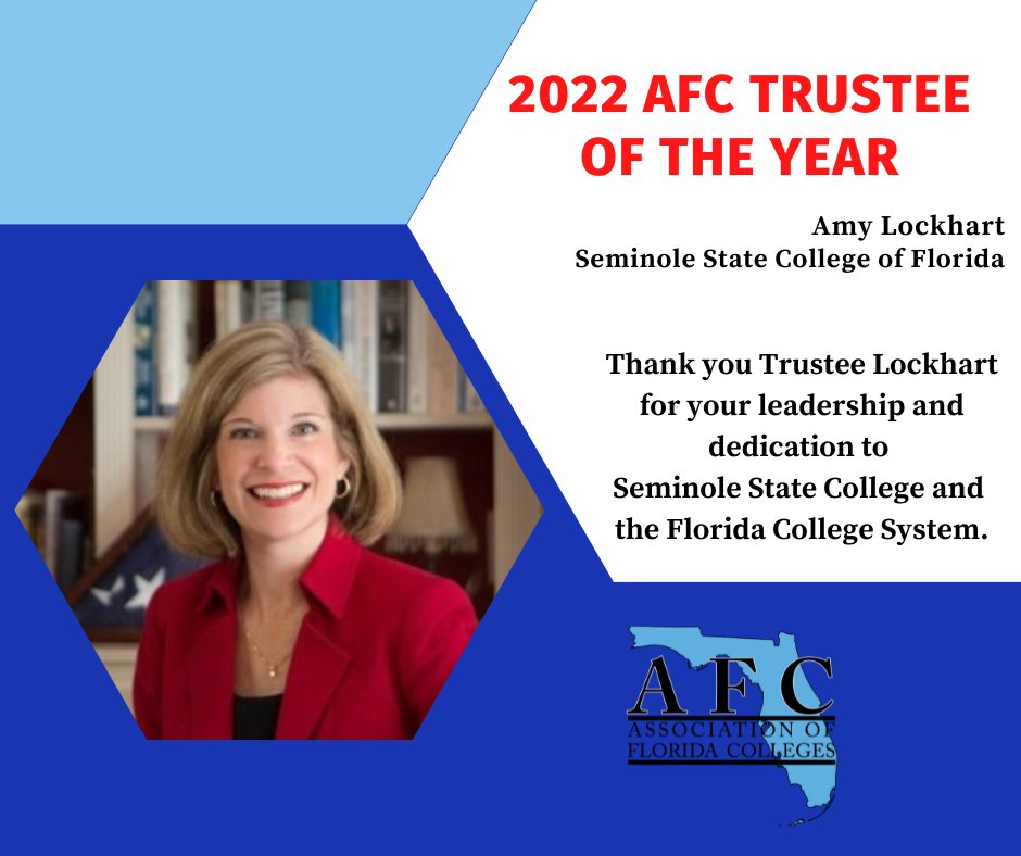 myafchome's tweet image. Congratulations to the AFC 2022 Trustee of the Year, Chair Amy Lockhart of Seminole State College of Florida Board of Trustees.

Read the full press release here: tinyurl.com/mryeumrc