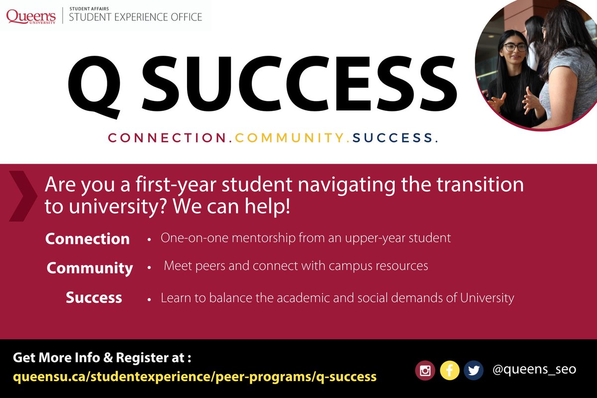 Are you in your first-year at Queen’s?  Do you want to connect with your peers, build community and find success at University? Q Success is a transition program that supports students during their first year at Queen’s through peer mentorship.
Register: ow.ly/3AsM50HyhR9