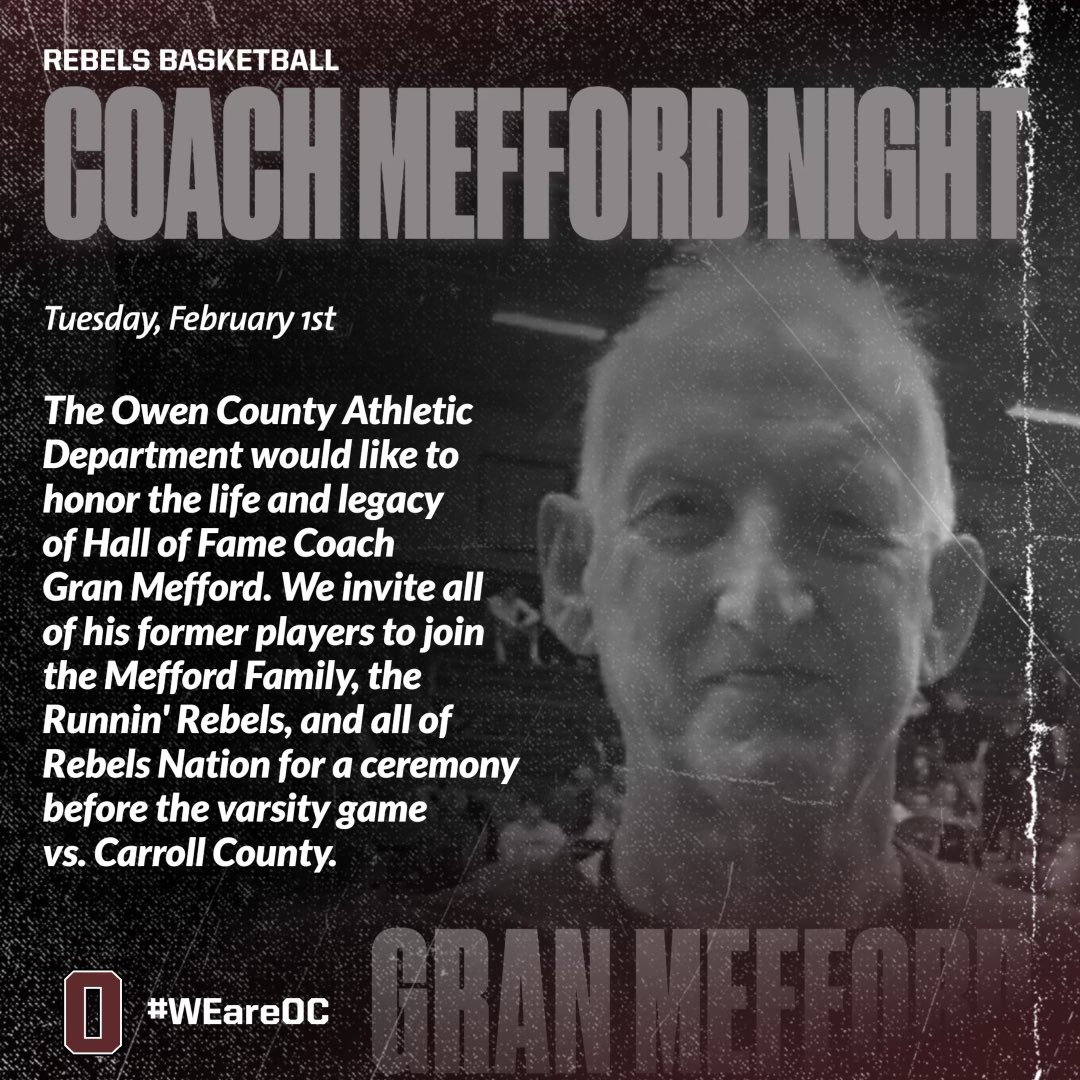 Rebels_Nation's tweet photo. Feb 1 at Owen County HS will be Coach Mefford Night.
#CoachMeff https://t.co/JRmZMVx23H