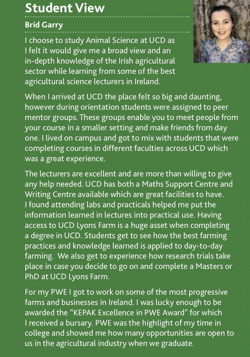 bridgarry2's tweet photo. I am delighted to be featured in the Agriculture, Food Science and Human Nutrition - UCD 2022 Entry prospectus where I share my experience of my time in UCD while completing my Animal Science Degree. @ucdagfood https://t.co/SyAD21CAHJ