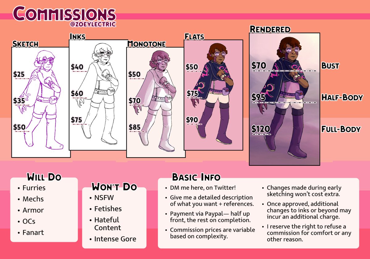zoeylectric's tweet photo. Hi there! I'm Zoey Natalie Faye, a trans woman artist, think about asking me to make some art for you! My sheet is below, and in this 🧵 you can find more examples as I make them, as well as posts about when slots open and close! https://t.co/AeDuQcFVGG