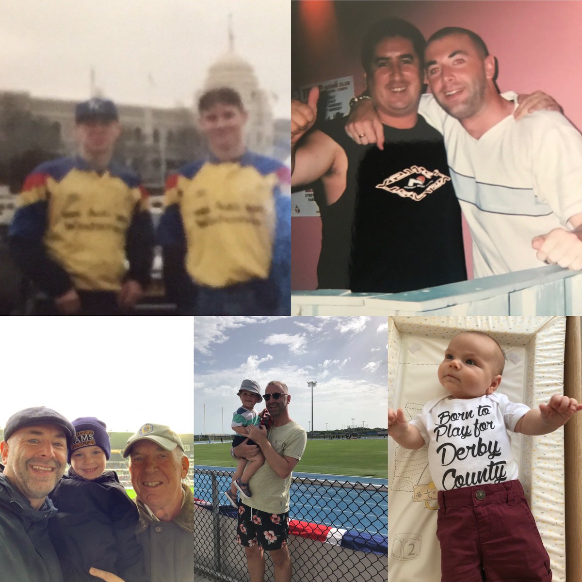 KevinCoolin's tweet photo. #myderbystory 1st game (I remember) ‘82. Photos clockwise with @NeilPhillips9 at Wembley, with Nigel Callaghan in Kavos, my boy, his first away game pre-season in Florida, and finally, Three Generations…simple as that 🐏 https://t.co/siOczgg5NL