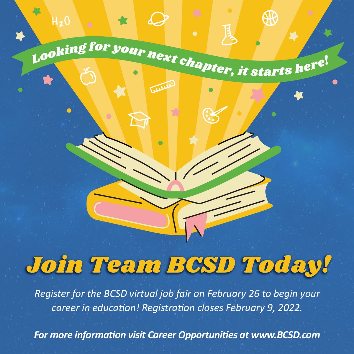 Register for the BCSD Virtual Job Fair today! Click the link below to learn more about the exciting careers in education awaiting you! Register by applying to the positions with the title "Job Fair."  
Registration closes on February 9, 2022: applitrack.com/bakersfield/on…