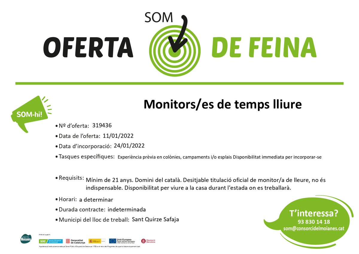 comarcamoianes's tweet photo. 🎯Ofertes de feina:  terapeuta ocupacional a #Castellcir, monitors/es de lleure a #SantQuirzeSafaja, posicionament SEO i ADS a #Moià, arquitecte/a junior a #Castellterçol. 📍Apunta't al SOM! 938301418, som@consorcidelmoianes.cat. Consulta MÉS ofertes 👉https://t.co/g60rCFnoWw https://t.co/McMoLaZQ9B