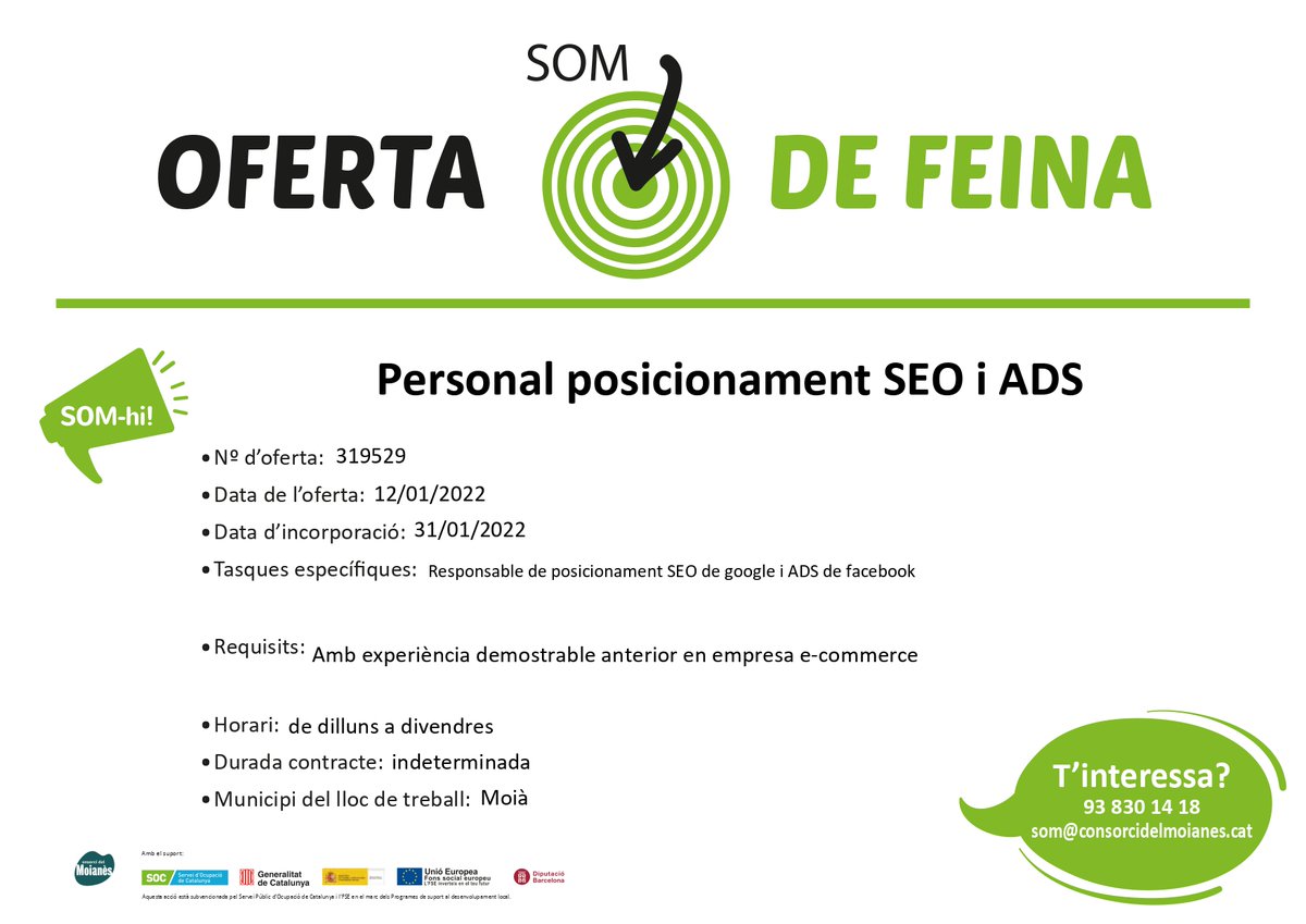 comarcamoianes's tweet photo. 🎯Ofertes de feina:  terapeuta ocupacional a #Castellcir, monitors/es de lleure a #SantQuirzeSafaja, posicionament SEO i ADS a #Moià, arquitecte/a junior a #Castellterçol. 📍Apunta't al SOM! 938301418, som@consorcidelmoianes.cat. Consulta MÉS ofertes 👉https://t.co/g60rCFnoWw https://t.co/McMoLaZQ9B