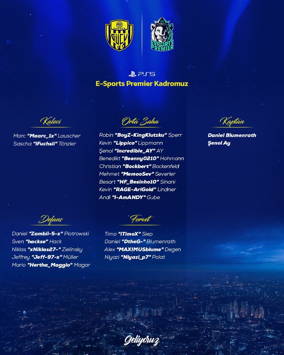 PlayAnkaragucu's tweet photo. Dünyanın en iyi takımlarının katıldığı avrupanın en prestijli ligi olan “Esports Premier” (PS5) kadromuz. 💛💙
#geliyoruz https://t.co/fXAl5POJW2